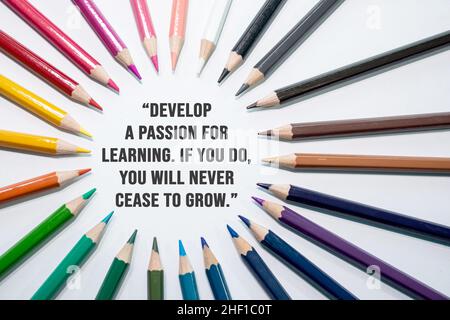 Sviluppare una passione per l'apprendimento. Se lo fate, non cesserete mai di crescere. Citazione motivazionale su sfondo bianco con matita a colori Foto Stock