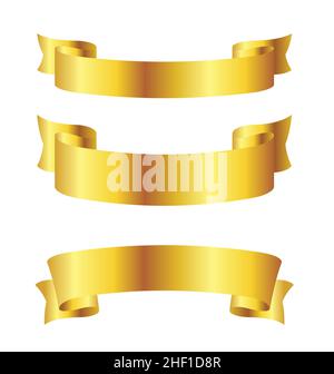 set di 3 eleganti nastri in oro larga banner scorrimento bianco vettore isolato su sfondo bianco Illustrazione Vettoriale