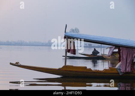 Srinagar, Kashmir, India. 13th Jan 2022. Un uomo si infila sulla sua barca durante una fredda giornata invernale al lago dal a Srinagar. La valle del Kashmir è attualmente sotto la morsa del periodo invernale di 40 giorni più impegnativa, noto come 'chilla-i-Kalan', iniziato il 21 dicembre. (Credit Image: © Adel Abbas/ZUMA Press Wire) Foto Stock