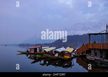 Srinagar, Kashmir, India. 13th Jan 2022. Una vista sul famoso lago dal durante una fredda giornata invernale di giovedì a Srinagar. La valle del Kashmir è attualmente sotto la morsa del periodo invernale di 40 giorni più impegnativa, noto come 'chilla-i-Kalan', iniziato il 21 dicembre. (Credit Image: © Adel Abbas/ZUMA Press Wire) Foto Stock