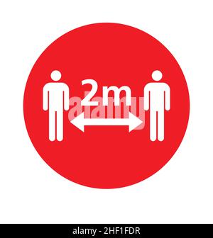 Mantenere la distanza 2m covid 19 rotondo segno rosso 2 metri vettore isolato su sfondo bianco Illustrazione Vettoriale