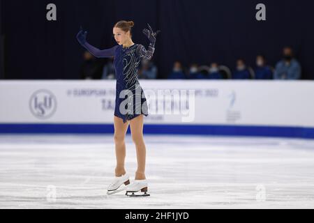 Tallinn, Estonia. Gennaio 13 2021: MERLETTO di Anete (LAT), durante il programma corto delle donne, al campionato europeo di pattinaggio di figura ISU 2022, alla sala di ghiaccio di Tondiraba, il 13 gennaio 2022 a Tallinn, Estonia. Credit: Raniero Corbelletti/AFLO/Alamy Live News Foto Stock