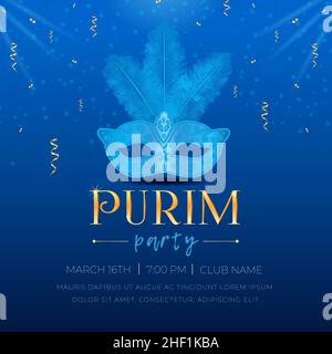 Happy Purim, festa di festa ebraica invito festa. Maschera Masquerade Carnevale con piume, scintille, serpentina d'oro, e 3D testo su bac blu Illustrazione Vettoriale