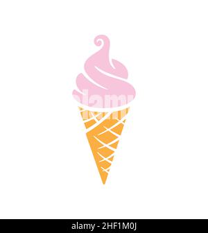 semplice divertente cartone animato morbido servire fragola rosa icecream in cialda cono isolato su sfondo bianco vettore Illustrazione Vettoriale