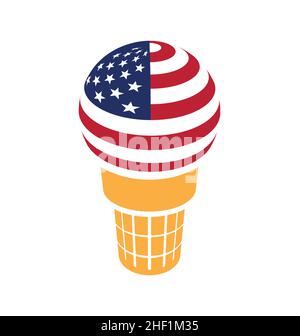 semplice divertente cartoon soft serve usa flag icecream in cialda cono isolato su sfondo bianco vettore Illustrazione Vettoriale