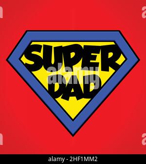 super papà supereroe emblema blu e giallo scudo vettore isolato su sfondo rosso Illustrazione Vettoriale
