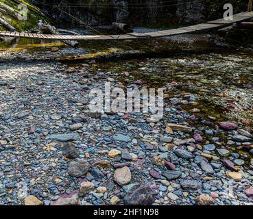 Ponte a piedi sul Grinnell Creek sul Grinnell Lake Trail, Glacier National Park, Montana, USA Foto Stock