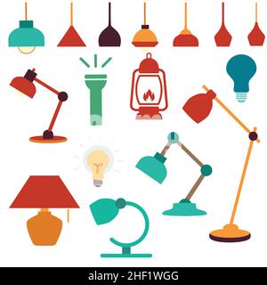 Lampada da tavolo, piantana, faretto, set vettoriale di luce Illustrazione Vettoriale