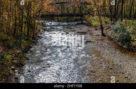 Railroad Bridge su Dunlap Creek con Fall Color, Allegheny County, Virginia, USA Foto Stock