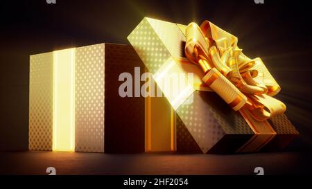 Aperto goldish - scatola regalo nera per il Black friday giveaway - astratto 3D rendering Foto Stock