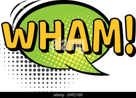 Suono Wham in fumetto colorato. Vector wham bubble speech, disegno cartoon retro illustrazione di testo Illustrazione Vettoriale