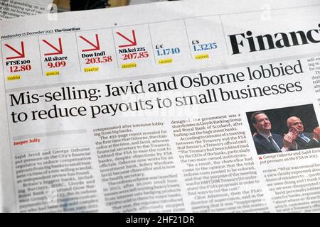 'Svendendo: Javid e Osborne hanno fatto pressioni per ridurre i pagamenti alle piccole imprese' Financial Guardian giornale titolo 15 dicembre 2021 a Londra UK Foto Stock