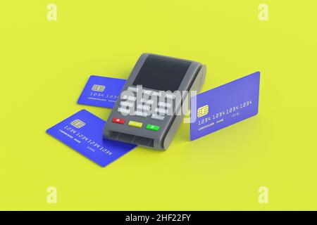 Registratore di cassa portatile con carta di credito in plastica su sfondo giallo. 3d rendering Foto Stock