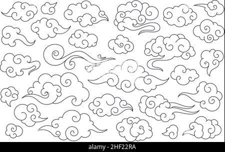 Nubi cinesi tradizionali, nube orientale asiatica. Elementi del doodle del cielo giapponese, insieme del vettore degli ornamenti decorativi festive della cina. Sky Outline asian Elements collection isolato su bianco Illustrazione Vettoriale