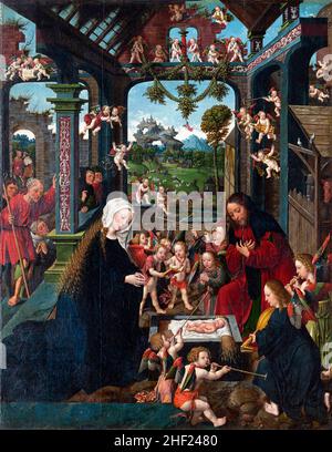 L'Adorazione del Cristo Bambino da parte dell'artista olandese Jacob Corneliszoon van Oostsanen (prima del 1470-1533), olio su pannello, c.. 1515 Foto Stock