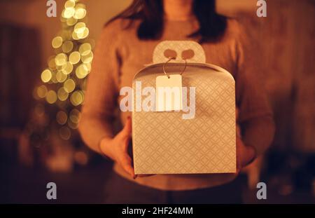 Foto ritagliata di una donna irriconoscibile che tiene la scatola regalo di Natale mentre in piedi a casa con albero di Natale sfocato sullo sfondo. Fuoco selettivo del female Foto Stock