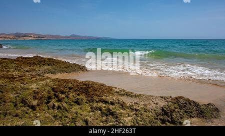 Spiaggia lunga due chilometri con acque cristalline e poco profonde, sabbia fine e rocce ricoperte di muschio che si trovano lungo la località di Costa calma Foto Stock