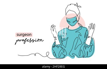 Ritratto chirurgo, avatar, icona con le mani in alto posizione. Una linea continua art disegno sfondo con chirurgo in guanti, maschera e uniforme Illustrazione Vettoriale