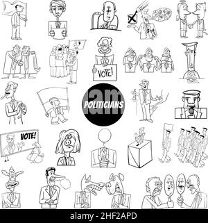 Illustrazione in bianco e nero di personaggi politici e cartoni animati concettuali impostare la pagina da colorare Illustrazione Vettoriale