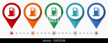 Carburante, olio, set di icone vettoriali di concetto di stazione, puntatori di design piatti, modello infografico Illustrazione Vettoriale