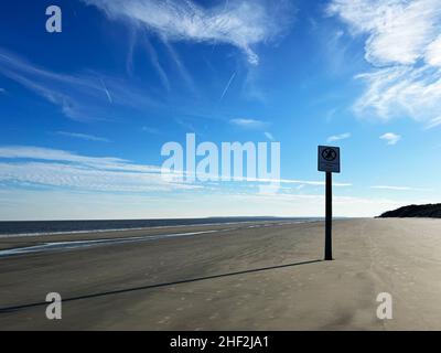 Un cartello appicato su una spiaggia sull'Isola di Jekyll ricorda che i cani non sono ammessi nel santuario degli uccelli. Cumberland Island è vista sullo sfondo. Foto Stock