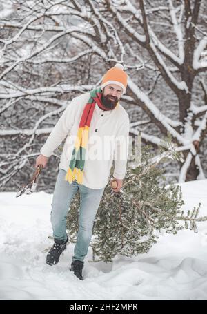 L'uomo bearded sta portando l'albero di Natale nel legno. Un bel giovane uomo con una barba porta un albero di Natale. Buon Natale e felice anno nuovo Foto Stock