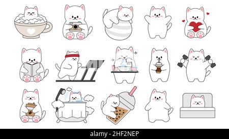 Collezione di diversi simpatici gatti su sfondo bianco. Kawaii set di divertenti personaggi animalier design in stile cartone animato. PET Cat. Adesivi per bambini Illustrazione Vettoriale