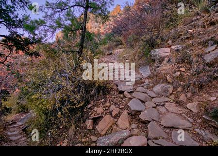 Lunga esposizione del sentiero roccioso Grandview Trail sul bordo sud del Grand Canyon. Questo è stato preso dopo il tramonto con solo il crepuscolo come il sourc chiaro Foto Stock
