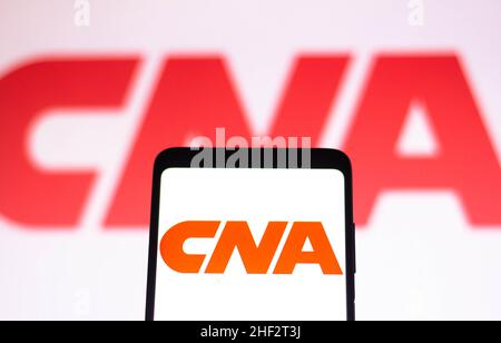 In questa figura, sullo schermo di uno smartphone e sullo sfondo viene visualizzato il logo CNA Financial Corporation. Foto Stock