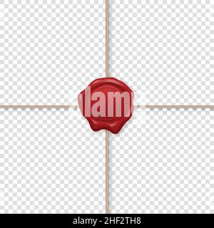 Vector 3D Realistic Vintage Letter Stamp, Wax Seal, Rope, Cross String. Cera sigillante, timbri, etichetta per certificato di qualità, busta, documento Illustrazione Vettoriale