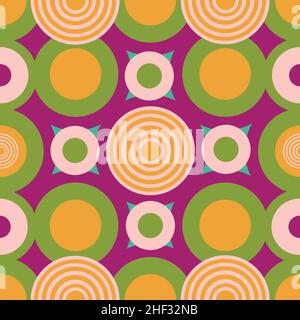Ripetizione senza giunture del cerchio geometrico astratto. Audaci cerchi colorati su sfondo rosa. Illustrazione Vettoriale