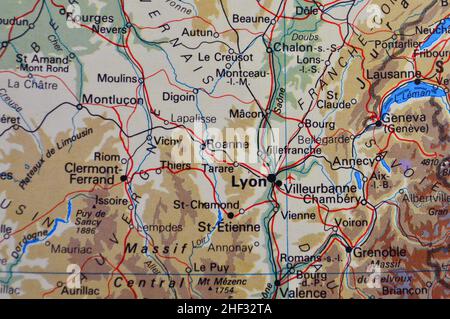 Una mappa di Lione in Francia Foto Stock