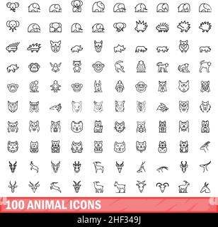 100 icone animali impostate. Illustrazione di un vettore di 100 icone animali isolato su sfondo bianco Illustrazione Vettoriale