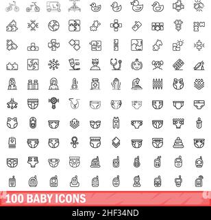 100 icone bambino impostate. Illustrazione di un vettore di 100 icone del bambino isolato su sfondo bianco Illustrazione Vettoriale