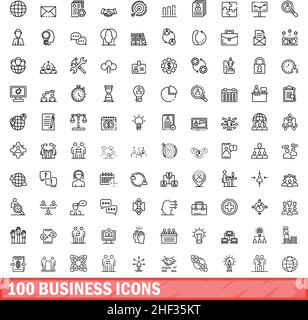 100 icone business impostate. Illustrazione di un vettore di 100 icone business isolato su sfondo bianco Illustrazione Vettoriale