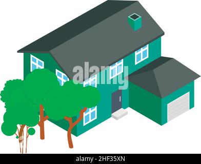 American House Icon vettore isometrico. Grande edificio a due piani e albero verde. Nuova casa residenziale, casa cittadina, palazzo Illustrazione Vettoriale