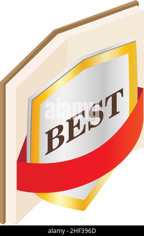 Aprire il vettore isometrico dell'icona del libro. Libro di carta aperto con copertina marrone, segno migliore. Lettura, istruzione, apprendimento, formazione Illustrazione Vettoriale