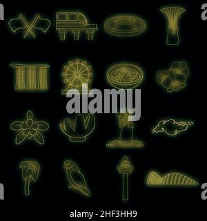 Singapore icone di viaggio set. Illustrazione di 16 icone vettoriali di viaggio di Singapore colore al neon nero Illustrazione Vettoriale