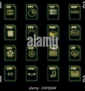 Icone di estensione file impostate. Immagine di 16 icone vettoriali di estensione del file di colore neon nero Illustrazione Vettoriale