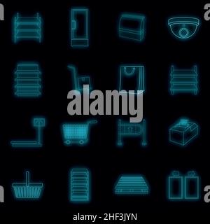 Icone del supermercato impostate. Illustrazione di 16 icone vettoriali di supermercato colore neon nero Illustrazione Vettoriale