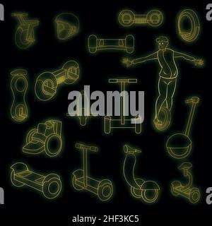 Set di icone auto-equilibranti per scooter. Illustrazione di 16 icone vettoriali auto-equilibranti scooter colore neon nero Illustrazione Vettoriale
