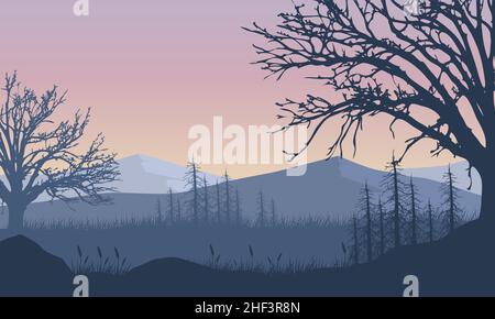 Fantastica vista sulle montagne con silhouette di alberi asciutti. Illustrazione vettoriale di una città Illustrazione Vettoriale