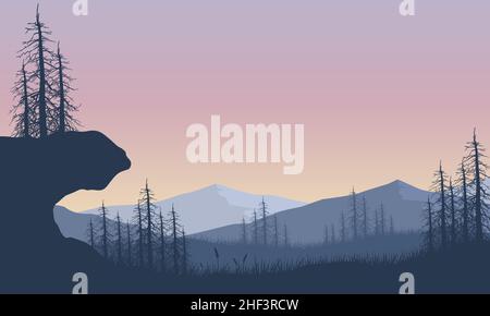Panorama di montagna con una fantastica silhouette di alberi secchi dal bordo del villaggio.Vector illustrazione di una città Illustrazione Vettoriale