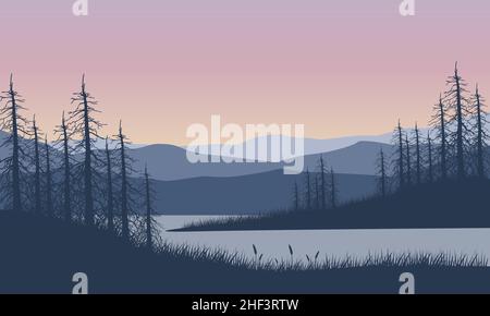 Fantastica vista sulle montagne con silhouette di alberi secchi dal lago al crepuscolo. Vector illustrazione di una città Illustrazione Vettoriale