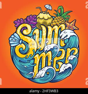 Summer Wave Typeface Tropical Vector Illustrations for your work Logo, mascotte merchandise t-shirt, adesivi e disegni di etichette, poster, biglietti d'auguri Illustrazione Vettoriale