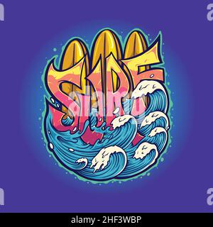Surf Board Wave Tipografia Summer Vector illustrazioni per il tuo lavoro Logo, mascotte merchandise t-shirt, adesivi e disegni etichette, poster Illustrazione Vettoriale