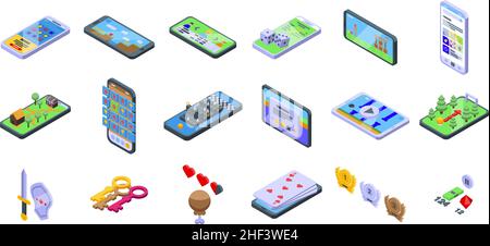 Le icone di gioco impostano il vettore isometrico. Computer della concorrenza. App Internet Illustrazione Vettoriale