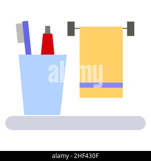 Uno scaffale in bagno con spazzolino, dentifricio e asciugamano. Illustrazione vettoriale piatta. Illustrazione Vettoriale