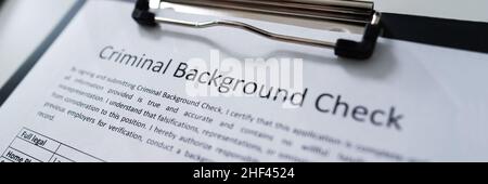 Modulo di richiesta di verifica del background criminale alla reception Foto Stock