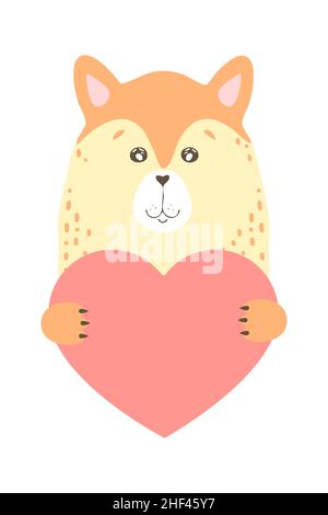 Carino cane cartoon cucciolo corgi animale akita tiene un segno di cuore con spazio copia. Set San Valentino biglietto di auguri banner invito opuscolo. Carrello Illustrazione Vettoriale